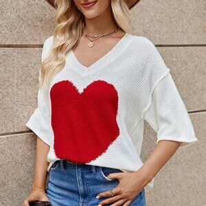 White Preppy Womens Heart Pattern Drop Shoulder Knit Top
